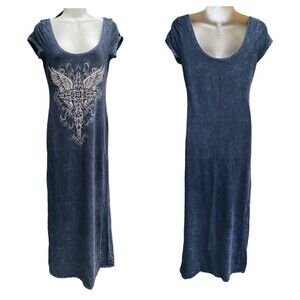 Vtg Y2K BUS STOP LA Angel Wings Cross Maxi Dress Grunge Mineral Wash M